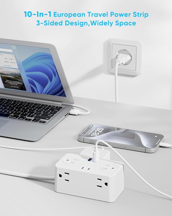 European Travel Plug Adapter, EU/UK/US Travel Plug Adapter Power Strip, 6 AC Outlets, 4 USB Ports (2 USB C), 3ft Wrapped Around Extension Cord, Compact for Travel - Image 5