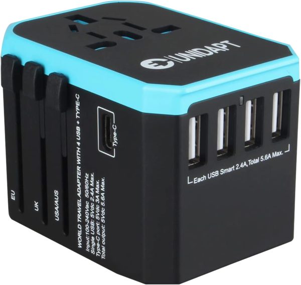 Unidapt Universal Travel Adapter One International Wall Charger AC Plug Adaptor with 5.6A Smart Power and 3.0A USB Type-C for USA EU UK AUS (UA-101, Blue)